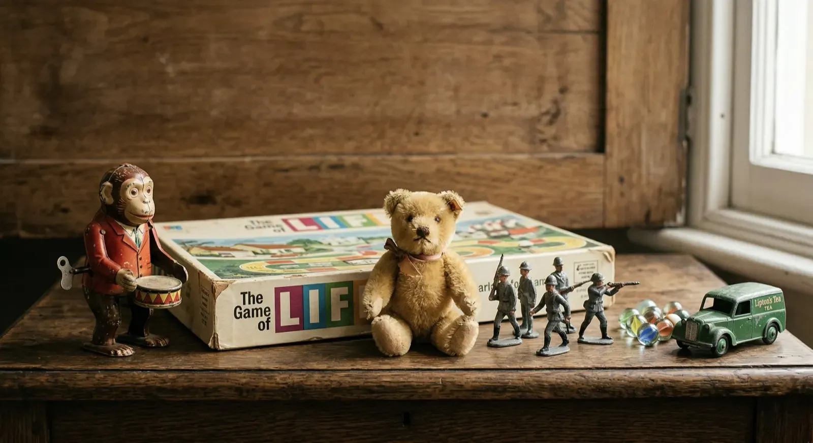 Vintage toys and games arranged on a wooden table, including a teddy bear, tin monkey, board game, toy soldiers, marbles, and a die-cast van